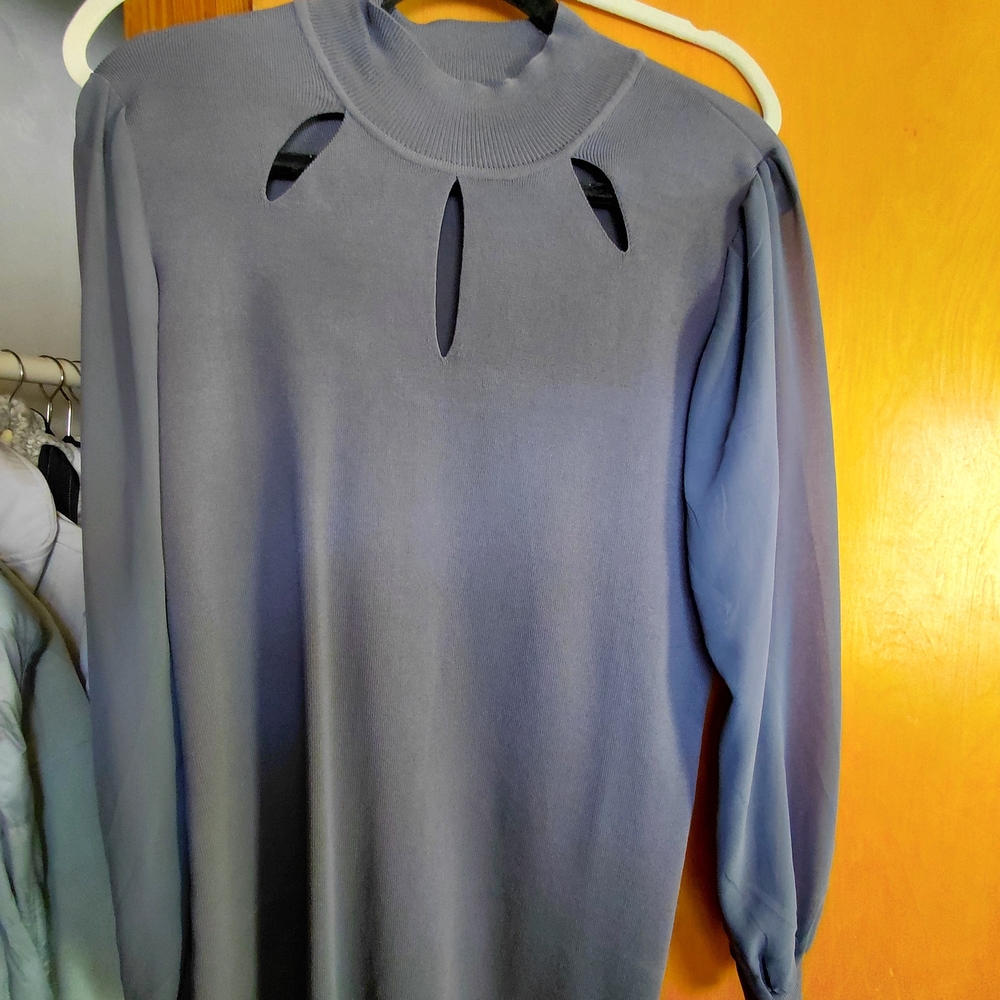 Marc Bouwer Slate Blue Keyhole Mock Neck Long Sleeve Top